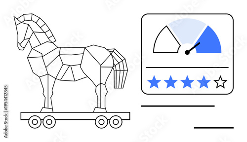 Cybersecurity concept. Trojan horse cyber threats with performance rating dashboard. Cybersecurity protecting data from malware and digital threats. For IT, tech, security tools