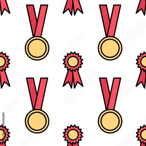 Gold medal on red ribbon, sport gold medal in doodle style seamless pattern for award ceremony design. Victory concept texture. Vector