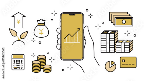 Smartphone Investment & Fintech in Hand Financial Icon Set, Variable Stroke Width