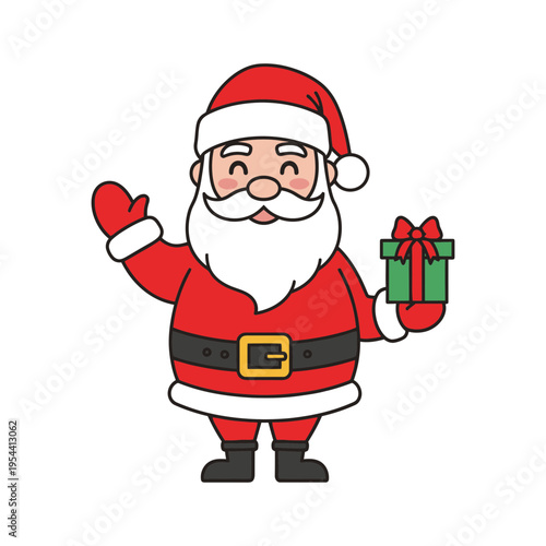 Santa Claus Waving and Holding a Gift Vector Illustration