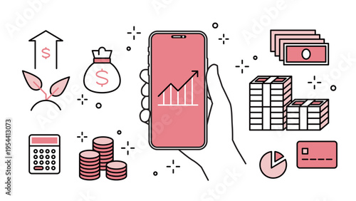 Smartphone Investment & Fintech in Hand Financial Icon Set, Variable Stroke Width