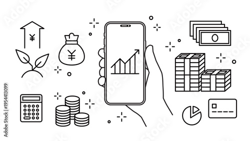 Smartphone Investment & Fintech in Hand Financial Icon Set, Variable Stroke Width