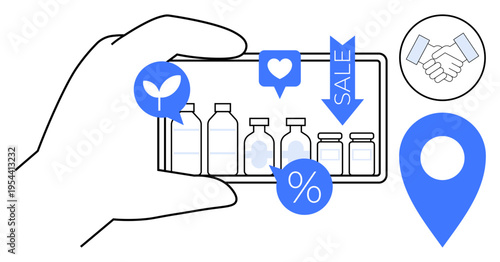 E-commerce, online shopping, retail sales, sustainability, digital marketing, location services. Hand holding a phone with bottles and overlayed icons. E-commerce and online shopping theme