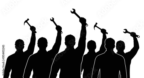 Construction Workers Silhouette Raising Tools Victory Labor Day Vector