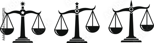 Vector illustration of three balance scales silhouettes, justice symbol, fairness concept, legal system artwork, symmetrical design, law representation, equality theme vector