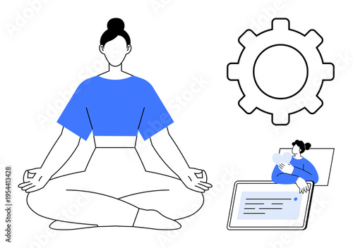 Meditation concept. Woman demonstrates meditation next to symbols of digital tools and technology. Meditation enhances focus and wellness while integrating with online technology. For mindfulness