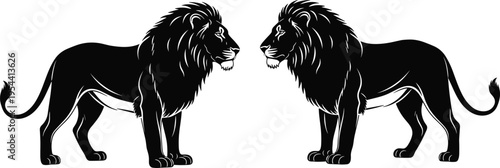 Vector illustration of two male lion silhouettes facing each other, symmetrical design, majestic mane, strength, wildlife concept, animal artwork, nature theme