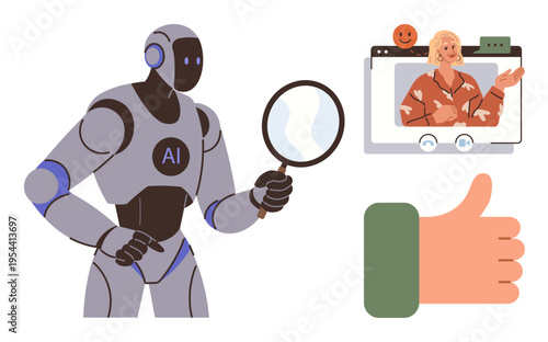 Artificial intelligence, user experience, online interactions, video communication, feedback systems, digital trust. AI robot holding a magnifying glass, inspecting a video call interface. Artificial