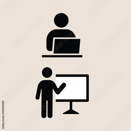 Set of silhouettes representing office work and education with person working on laptop and teacher standing by whiteboard for business meeting training seminar workshop and distance learning icons