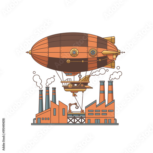 Steampunk Dirigible Docking at a Factory with a Crane for Loading Cargo, Retro Airship Illustration