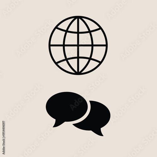 Minimalistic black outline icon of globe symbolizing global communication, paired with two solid black speech bubbles indicating conversation or dialogue on a beige background