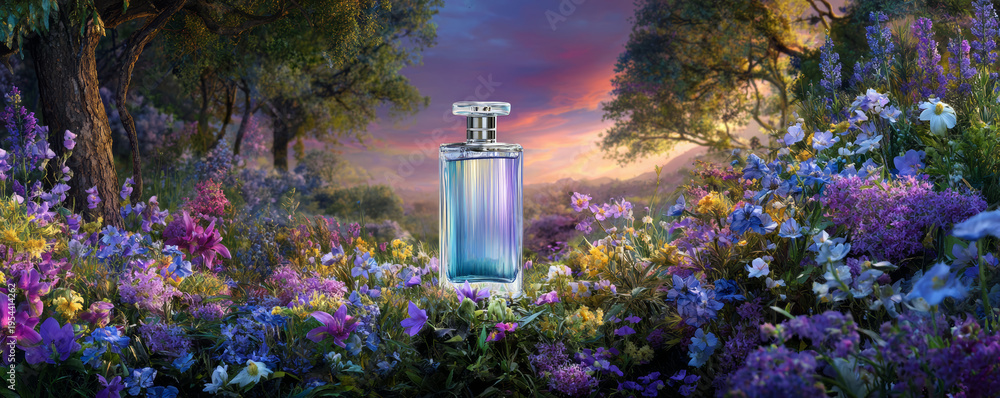 Obraz premium Perfume bottle floral meadow fantasy forest colorful flower sunset sky dream landscape magical garden fragrance romantic feminine perfume bottle
