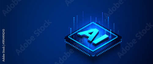 Modern artificial intelligence processor with glowing AI letters and streaming data elements