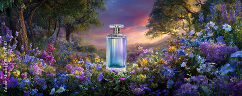 Perfume bottle floral meadow fantasy forest colorful flower sunset sky dream landscape magical garden fragrance romantic feminine perfume bottle