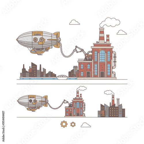 Steampunk Industrial Cityscape with Airships and Factories