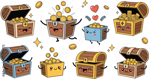 Cute cartoon treasure chests with gold coins and happy faces set, kawaii style characters with emotions vector illustration isolated on white background