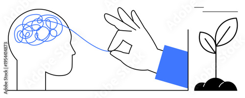 Mental focus, personal development, problem-solving, positive change, therapy, self-improvement. A hand untangling a brain while a small plant grows. Mental focus and personal development concept