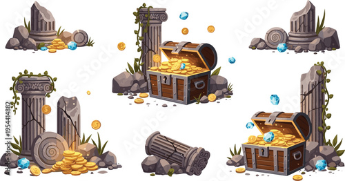 Ancient ruins treasure set with broken columns, gold coins, gems and open chests, fantasy archaeology vector illustration isolated on white background