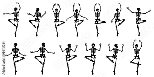 Skeleton dance illustration set with playful poses, black silhouette design, artistic anatomy, spooky Halloween decoration, creative motion artwork