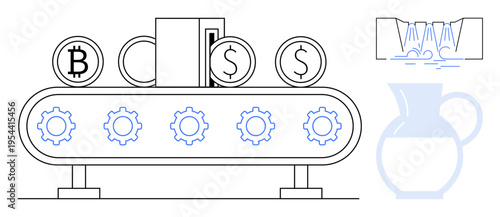 Financial systems, blockchain solutions, cryptocurrency processes, financial automation, digital wallets, fintech concepts. Coins and gears on a conveyor belt. Financial systems and blockchain