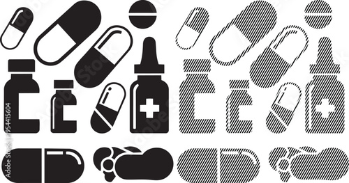 Assorted medical and pharmaceutical icons in black and white silhouette style