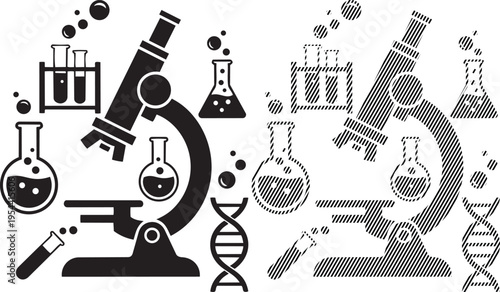 Classic laboratory equipment and scientific symbols in black and white illustration