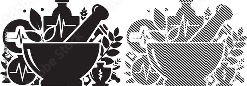 Historical illustration of ancient medicine and modern pharmaceutical representation