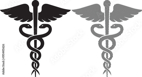 Comparison of traditional and modern caduceus medical symbols in black and white