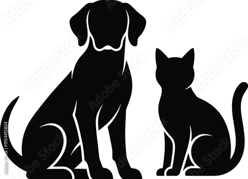 Dog and Cat Silhouette Sitting Together, Domestic Pet Companions, Cute Animal Friendship Vector Illustration for Pet Lovers