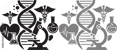 Symbolic representation of medicine, science, and technology intertwined with genetics