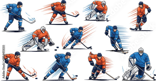 Dynamic ice hockey players action poses set with skating, shooting, goalie saves and speed motion lines vector illustration isolated on white