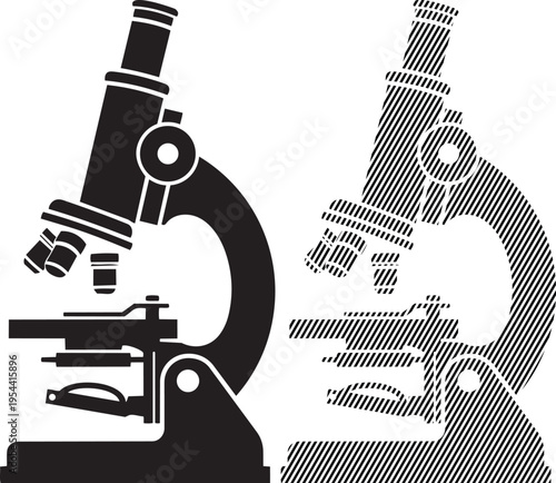 Two classic compound light microscopes positioned side by side on a flat surface