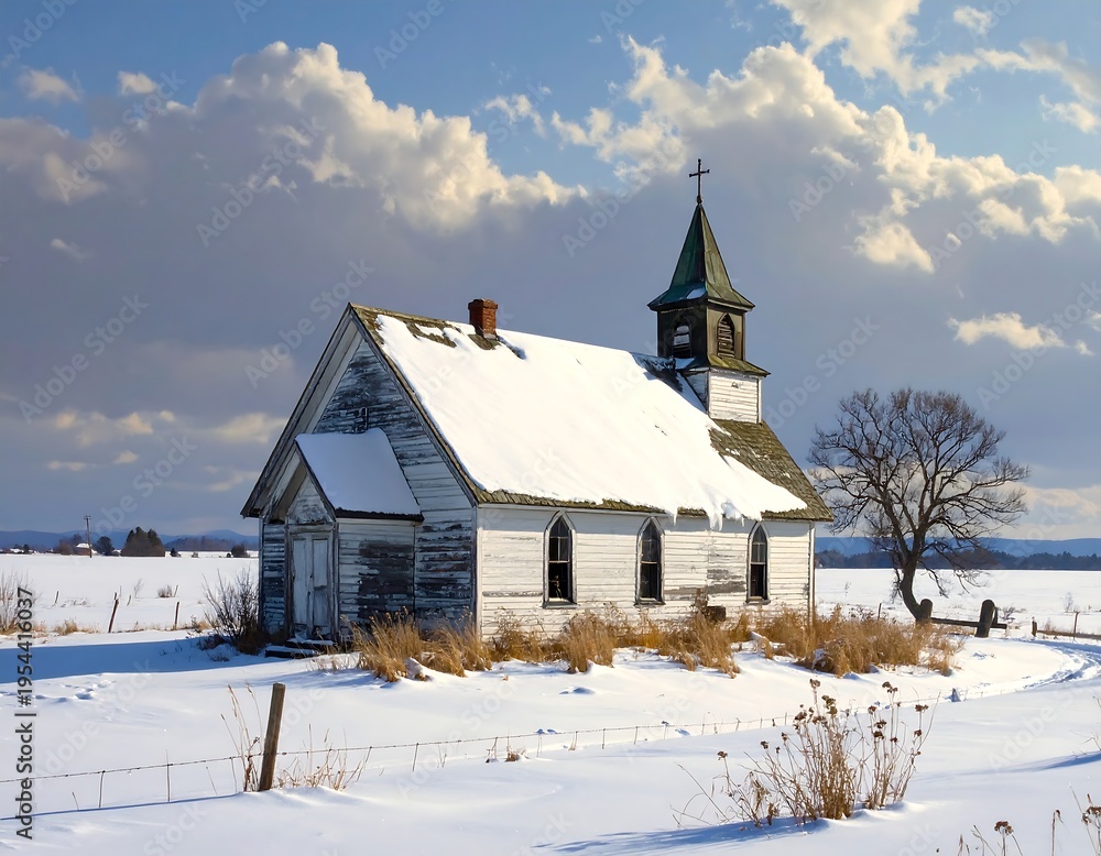 Fototapeta premium An aged, weathered church sits amidst a snowy landscape, a lone tree nearby under a cloudy sky. A simple fence appears in the foreground
