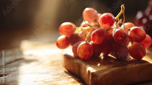 Fresh Red Grapes on Wooden Board with Soft Natural Light Creating an Inviting Atmosphere for Healthy Snacking and Culinary Inspiration