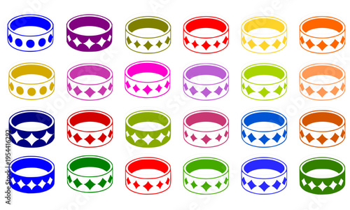Colorful Collection of 24 Decorative Ring Icons Set with Diamond Pattern and Dot Details in Multiple Vibrant Colors for Jewelry Design and Digital Assets