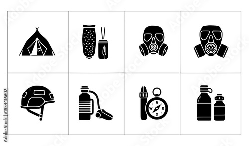 Tactical and survival icon pack with tent, rations, compass, helmet, and gas mask vector set