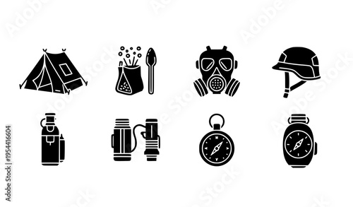 Field survival and tactical gear icons vector set with tent, rations, gas mask, and helmet