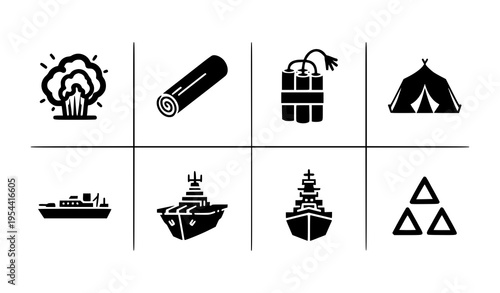 Tactical gear and strategy icon pack with explosion, dynamite, ships, and formation vector set