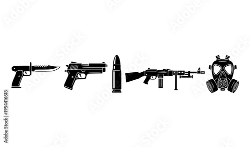 Tactical equipment icons vector set with knife, handgun, bullet, helmet, and gas mask