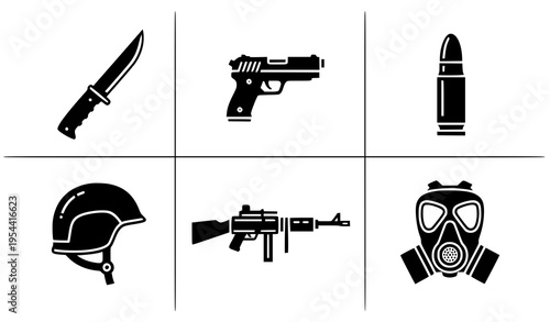 Tactical gear icon pack with knife, handgun, bullet, helmet, machine gun, and gas mask