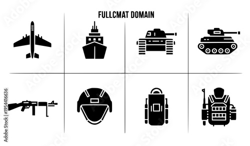 Full combat domain icon pack vector set with aircraft, ship, tank, and battlefield gear