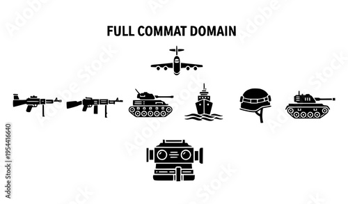 Full combat domain icons vector set with aircraft, ship, tank, and battlefield gear