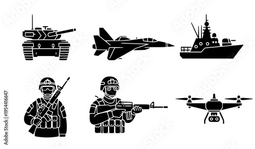 Military icon pack with weapons, equipment, and uniforms for multiple countries’ forces