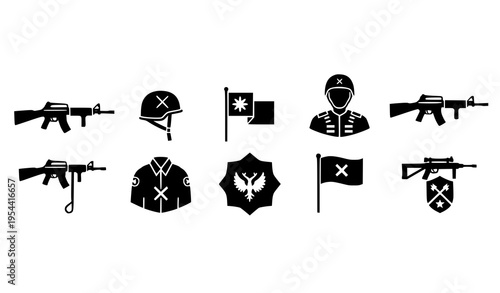 Military equipment and uniforms vector set representing multiple countries’ forces