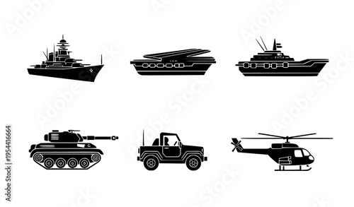 Military vehicle icon pack vector set with battleship, aircraft carrier, tank, jeep, and helicopter