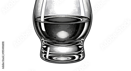 Whiskey Tasting Glass with Amber Spirit, Etching Style