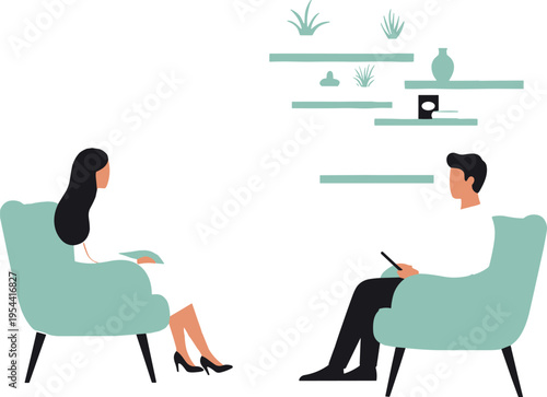 Therapy session in cozy room, counselor taking notes, mental health support, professional consultation, emotional care, psychotherapy, wellness, discussion