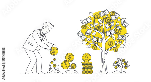 Businessman planting money tree, financial growth, investment, business success, saving concept