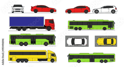 Diverse Vehicle Collection: Cars, Trucks, Buses, Top View Illustrations