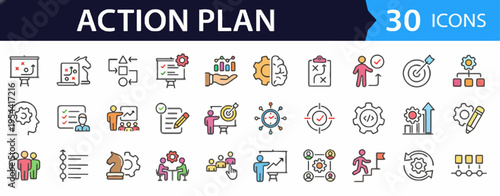 action plan icons set with 30 elements, vector illustration, flat design